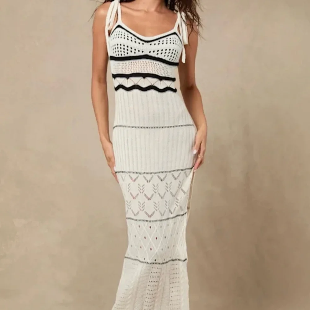 Olyssia Ivory and Black Knit Tie-Strap Maxi Swim Cover-Up - Picture 5 of 9